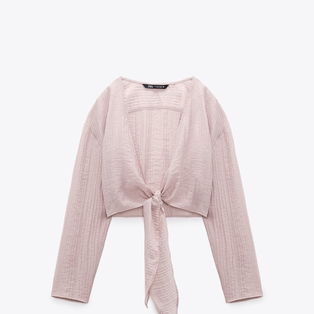 Zara Blush Tie-Front Long Sleeve Crop Top